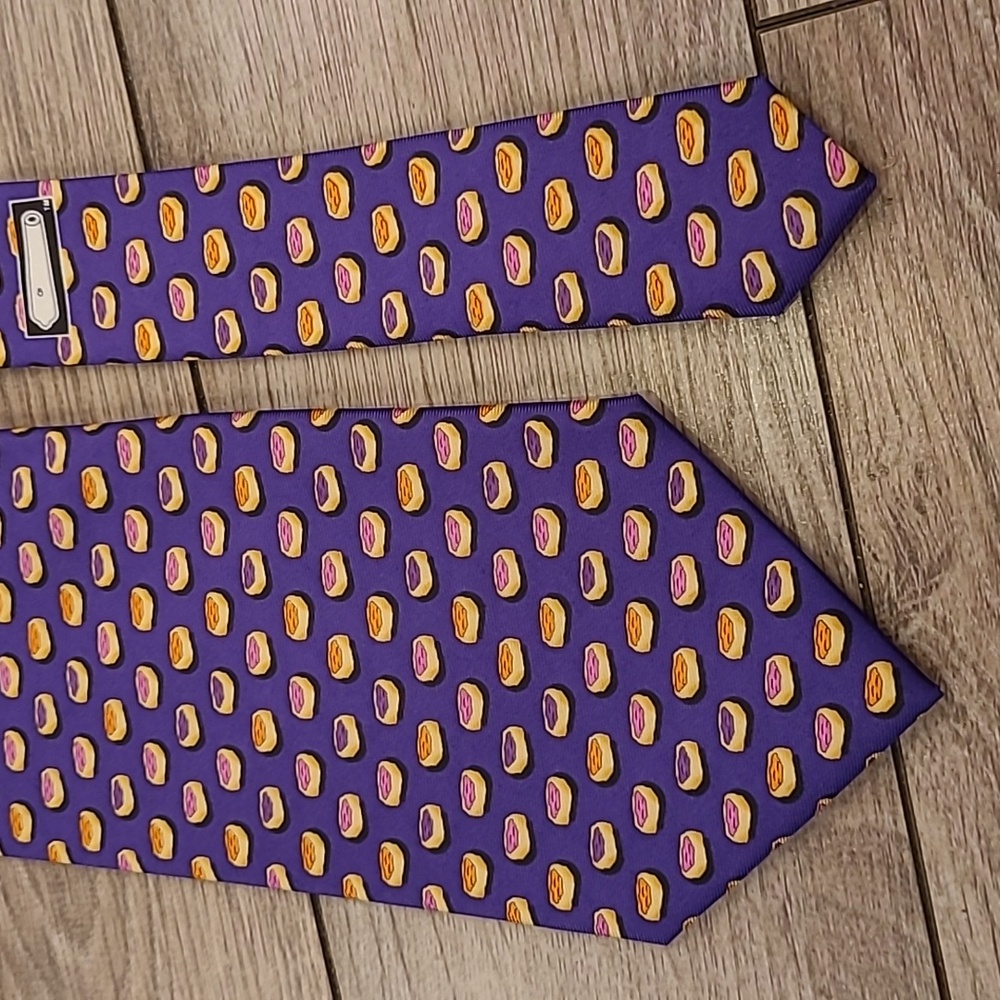SINE DIE Purple Blue Whimsical Jelly Pastries Pattern Mens Silk Tie - Picture 2 of 6
